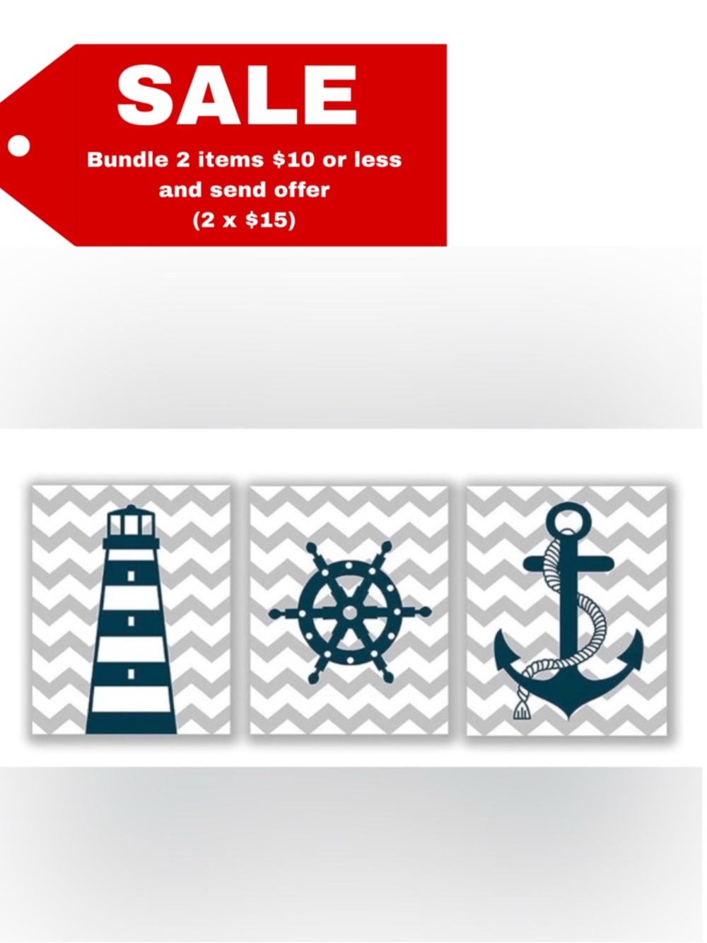 Blue Nautical Art Print Set Lighthouse Steering Wheel Anchor Navigation Print